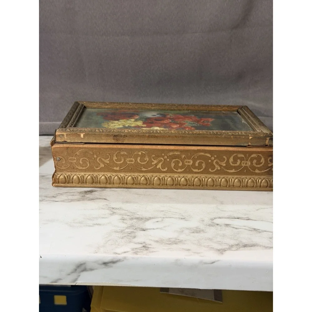 Really Old Wooden Jewelry Box With Mirror Floral Glass Top (A3195)